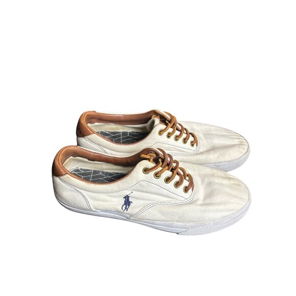 Polo Ralph Lauren Vaughn 9.5D Mens Casual Lace-Up Canvas Sneakers White & Tan Le - Picture 10 of 10